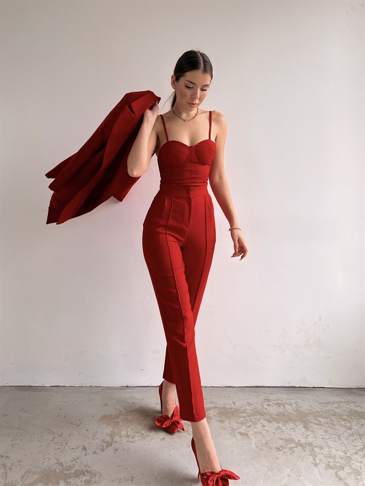 Kuplu Bluz Blazer Ceket & Pantolon Adelisa Kadın Kırmızı Üçlü Takım 22K000262