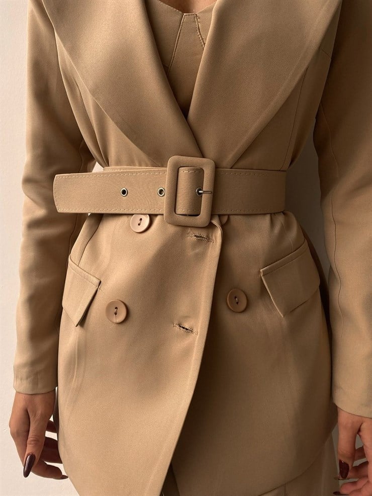 Kuplu Crop Blazer Ceket Etek Üçlü Benita Kadın Vizon Takım 22K000197