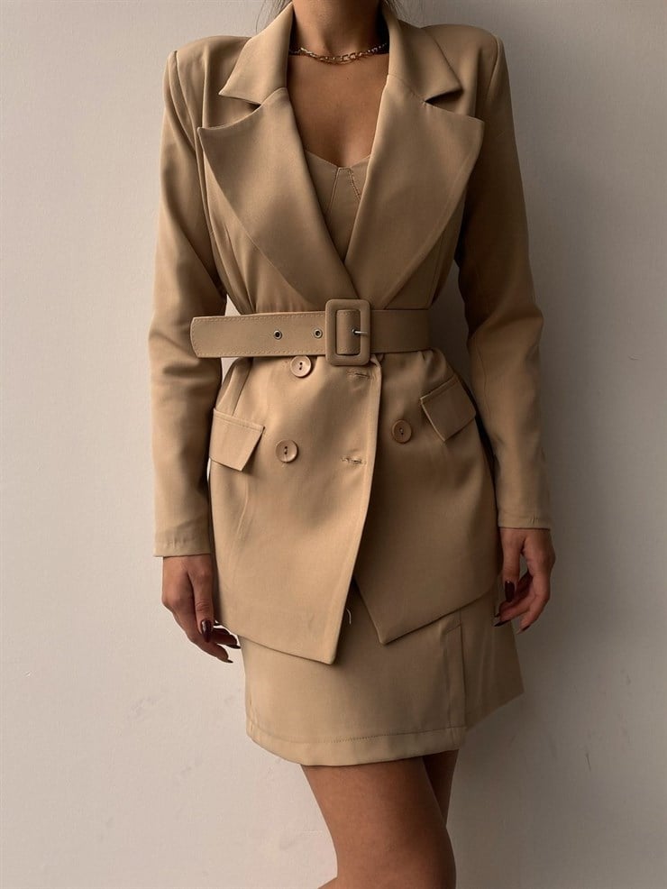 Kuplu Crop Blazer Ceket Etek Üçlü Benita Kadın Vizon Takım 22K000197
