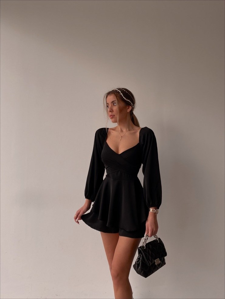 Kuruvaze Eteği Volanlı Riley Kadın Siyah Tulum 22K000372