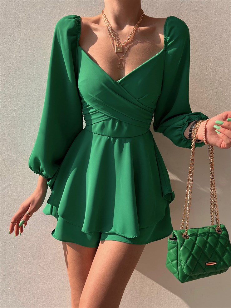 Kuruvaze Eteği Volanlı Riley Kadın Yeşil Tulum 22K000372