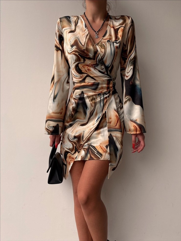 Kuruvaze Geniş Kol Desenli Aglae Kadın Bej Mini Elbise 22K000373