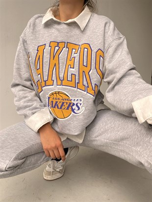 LA Lakers Baskılı Kadın Gri Sweatshirt 22K000156