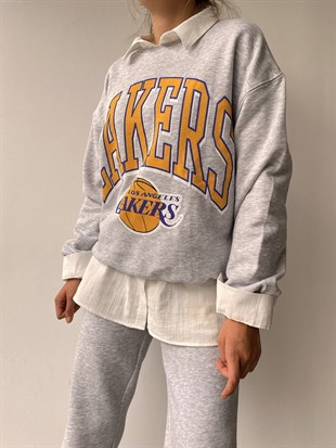 LA Lakers Baskılı Kadın Gri Sweatshirt 22K000156