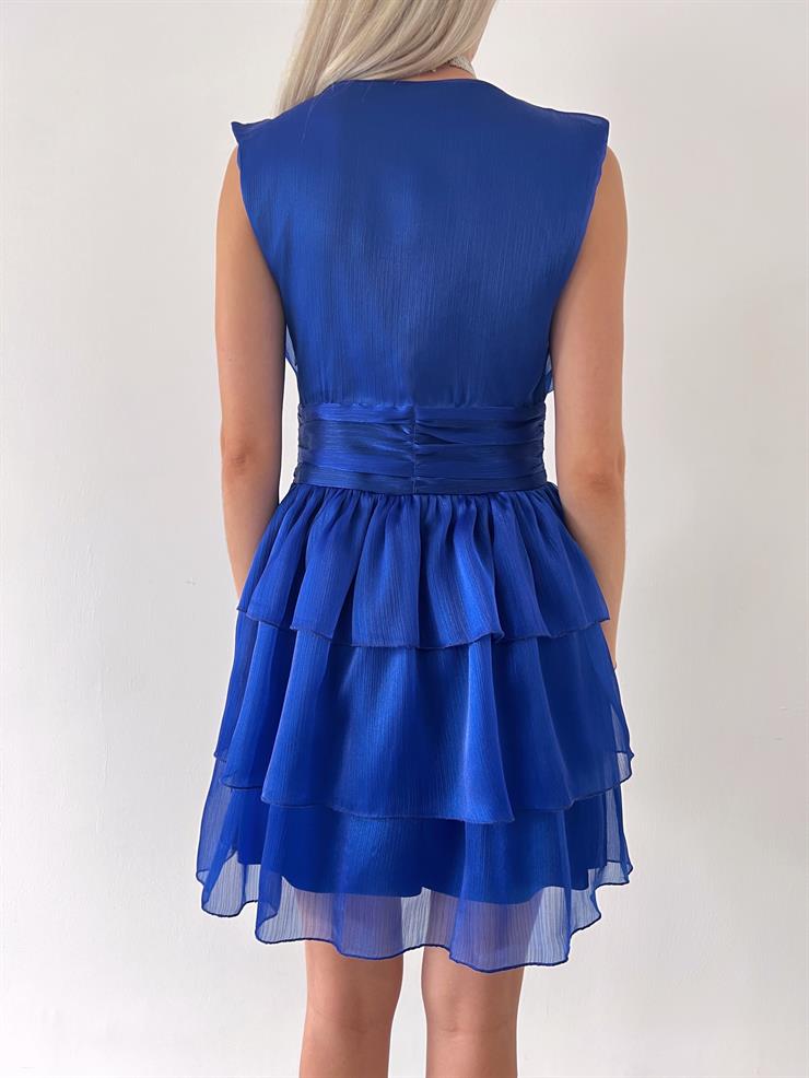 Derin V Yaka Kolsuz Önü Düğme Detaylı Lacus Kadın Saks Mini Elbise 23Y000468