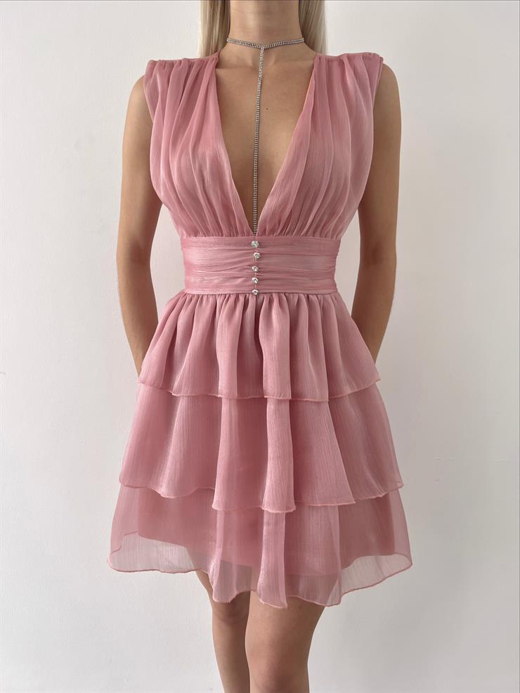 Derin V Yaka Kolsuz Önü Düğme Detaylı Lacus Kadın Pudra Mini Elbise 23Y000468