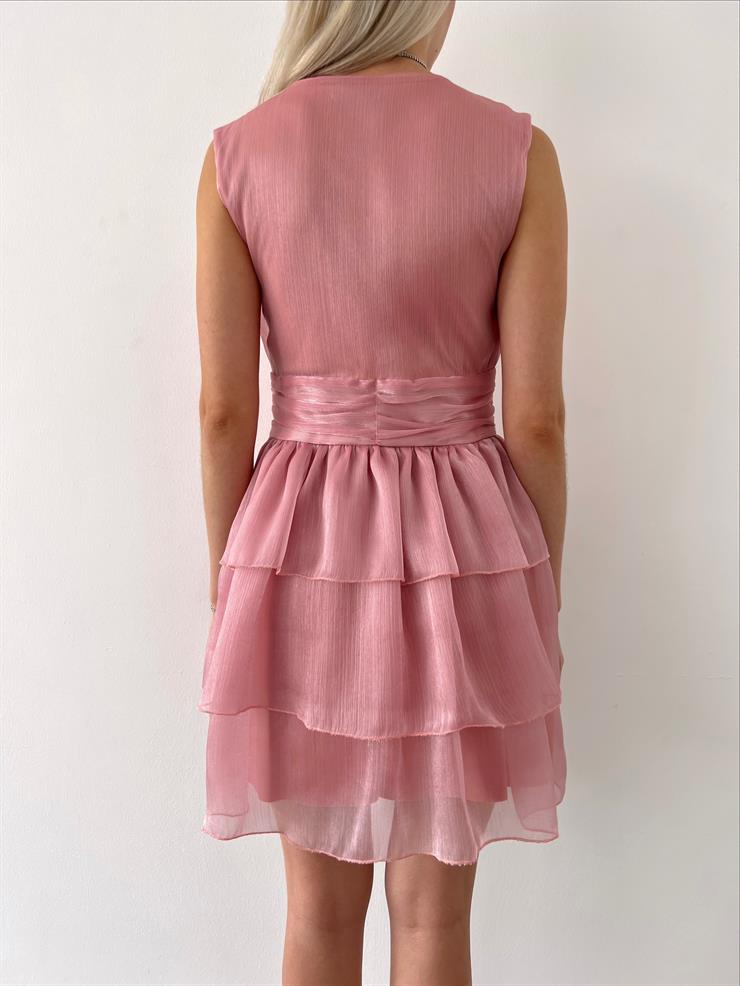 Derin V Yaka Kolsuz Önü Düğme Detaylı Lacus Kadın Pudra Mini Elbise 23Y000468