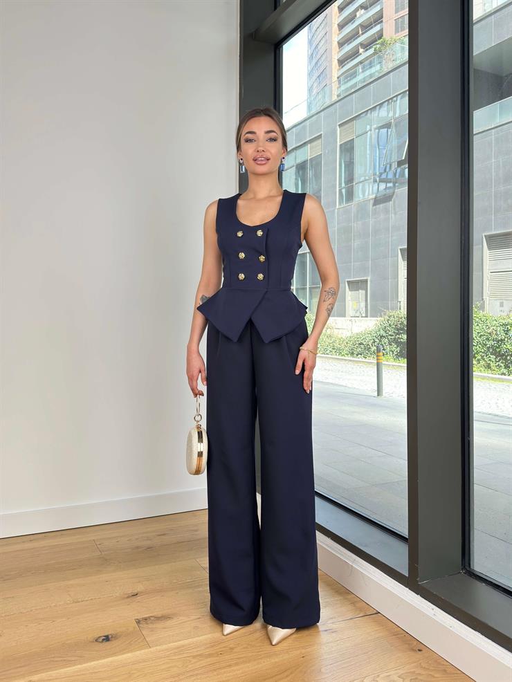 Kalın Askılı Düğme Detaylı Bol Paça Ladey Kadın Lacivert Tulum 24Y121