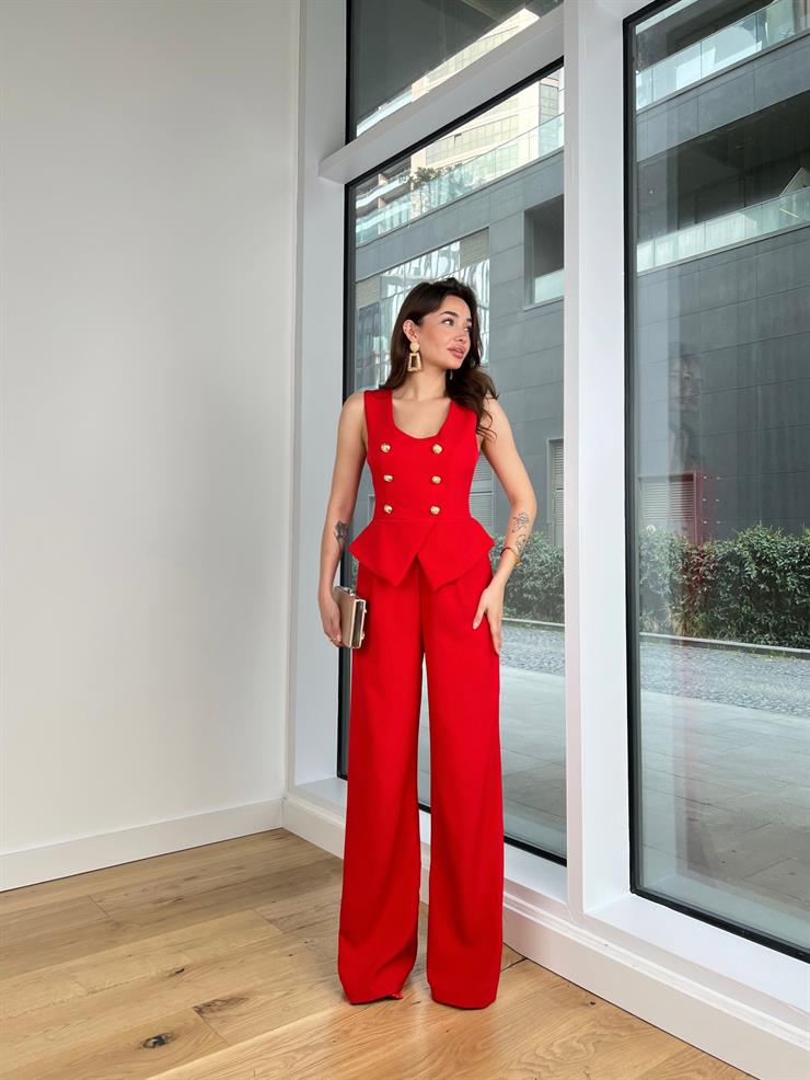 Kalın Askılı Düğme Detaylı Bol Paça Ladey Kadın Kırmızı Tulum 24Y121