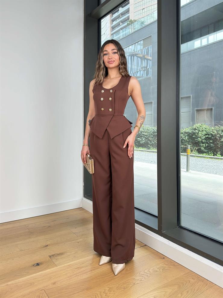 Kalın Askılı Düğme Detaylı Bol Paça Ladey Kahve Kadın Tulum 24Y121