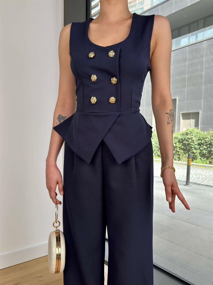 Kalın Askılı Düğme Detaylı Bol Paça Ladey Kadın Lacivert Tulum 24Y121