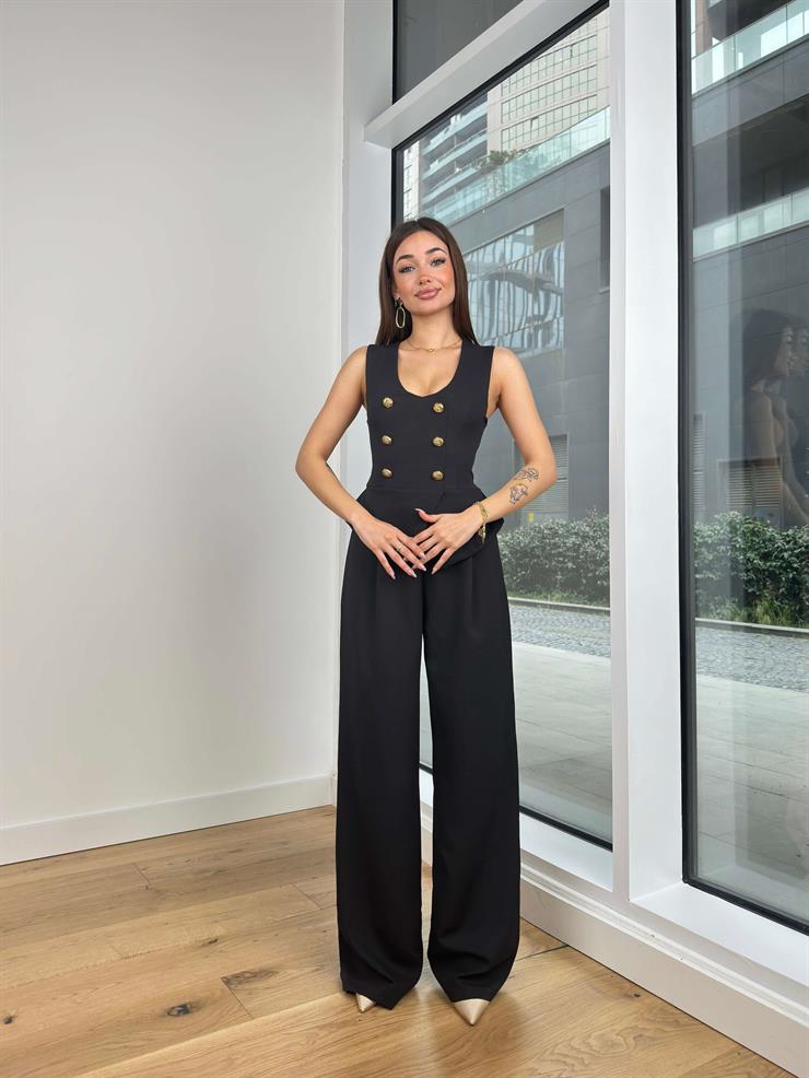 Kalın Askılı Düğme Detaylı Bol Paça Ladey Kadın Siyah Tulum 24Y121