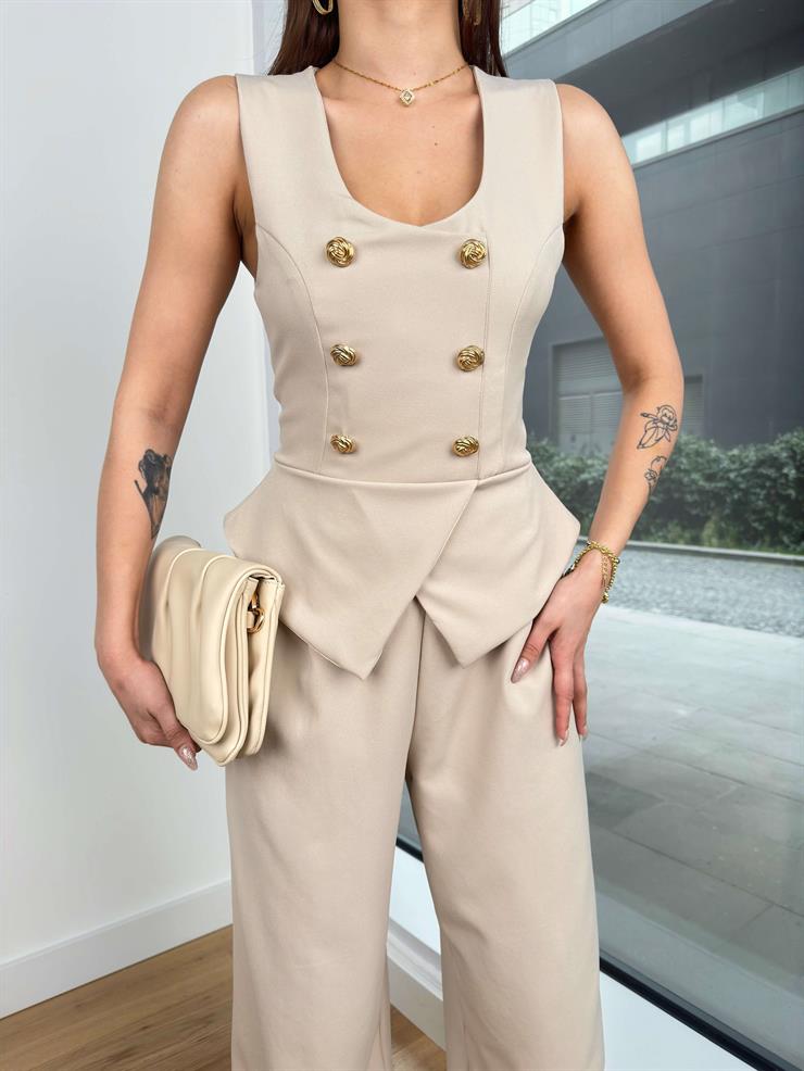 Kalın Askılı Düğme Detaylı Bol Paça Ladey Kadın Taş Tulum 24Y121