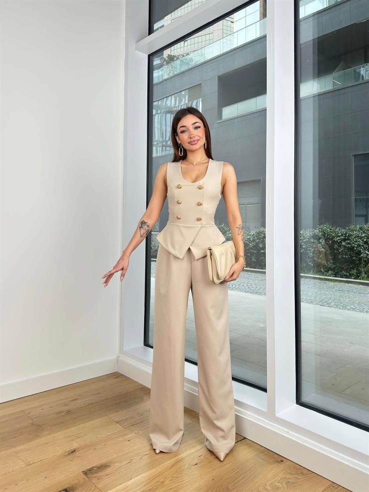 Kalın Askılı Düğme Detaylı Bol Paça Ladey Kadın Taş Tulum 24Y121