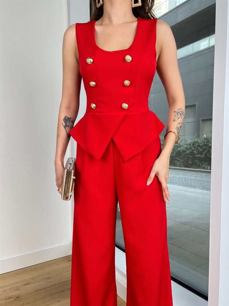 Kalın Askılı Düğme Detaylı Bol Paça Ladey Kadın Kırmızı Tulum 24Y121