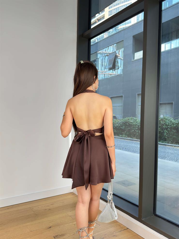 V Yaka Belden Bağlamalı Ladis Kahverengi Kadın Elbise 24Y817