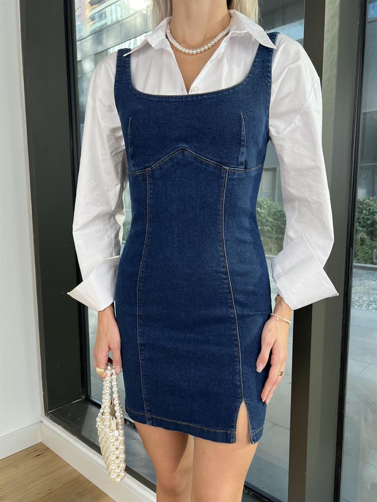 Askılı Arkası Fermuarlı Ladron Kadın Mavi Kot Mini Mini Elbise 24k000177