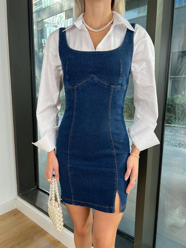 Askılı Arkası Fermuarlı Ladron Kadın Mavi Kot Mini Mini Elbise 24k000177