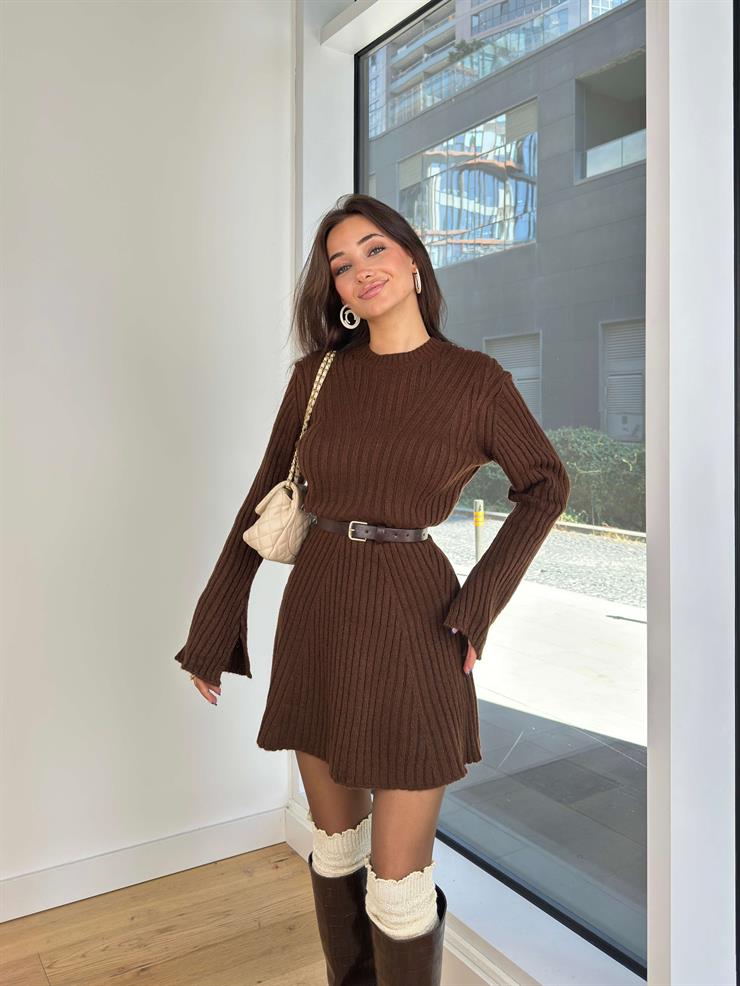 Bisiklet Yaka Uzun Kollu Lainn Kadın Kahve Triko Mini Elbise 24k283