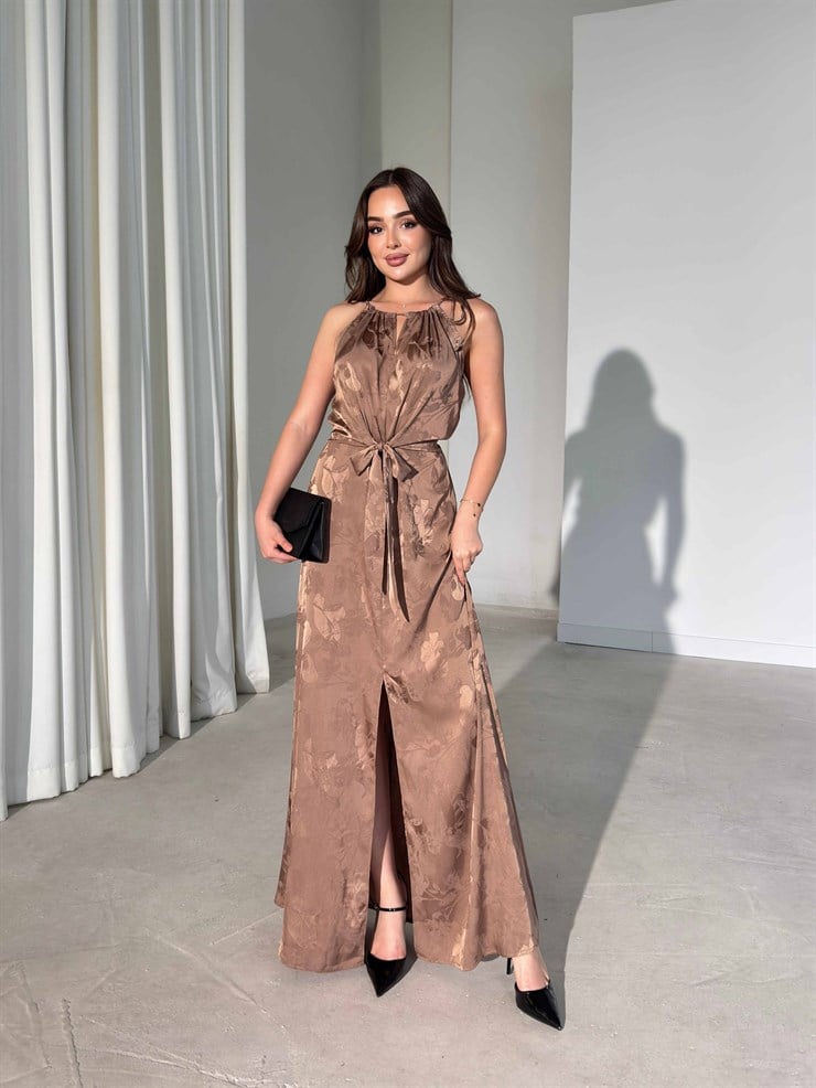 Yakası Ayarlanabilir İpli Beli Bağlamalı Önden Yırtmaç Detaylı Maxi Vizon Lamar Kadın Elbise 26Y327