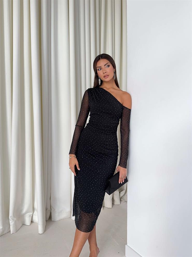 Tek Omuz Aksesuar Detaylı Drapeli Lamde Siyah Kadın elbise 26K039