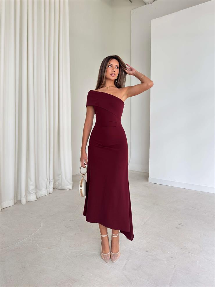 Eteği Ve Yakası Asimetrik Lamleri Bordo Kadın Midi Elbise 26K200