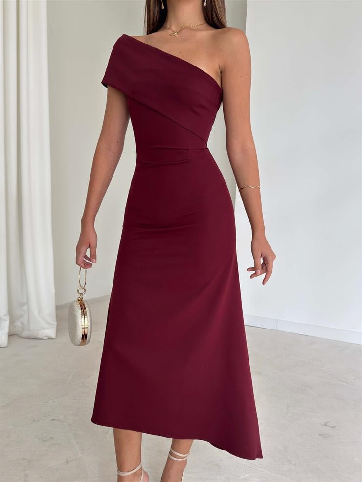 Eteği Ve Yakası Asimetrik Lamleri Bordo Kadın Midi Elbise 26K200