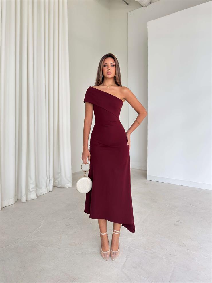 Eteği Ve Yakası Asimetrik Lamleri Bordo Kadın Midi Elbise 26K200