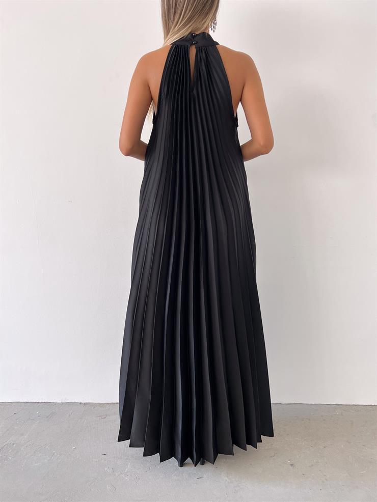 Sıfır Kol Lana Kadın Siyah Pileli Uzun Elbise 23Y000477