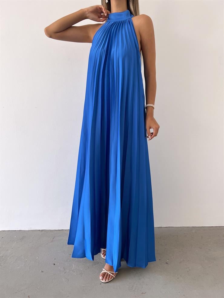 Sıfır Kol Lana Kadın Saks Pileli Uzun Elbise 23Y000477