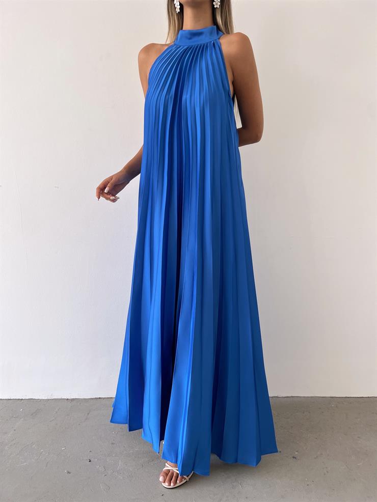 Sıfır Kol Lana Kadın Saks Pileli Uzun Elbise 23Y000477