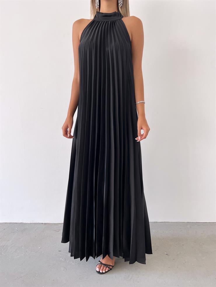 Sıfır Kol Lana Kadın Siyah Pileli Uzun Elbise 23Y000477