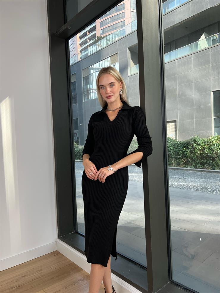 Polo Yaka Eteği Yırtmaçlı Land Kadın Siyah Triko Elbise 24k000173