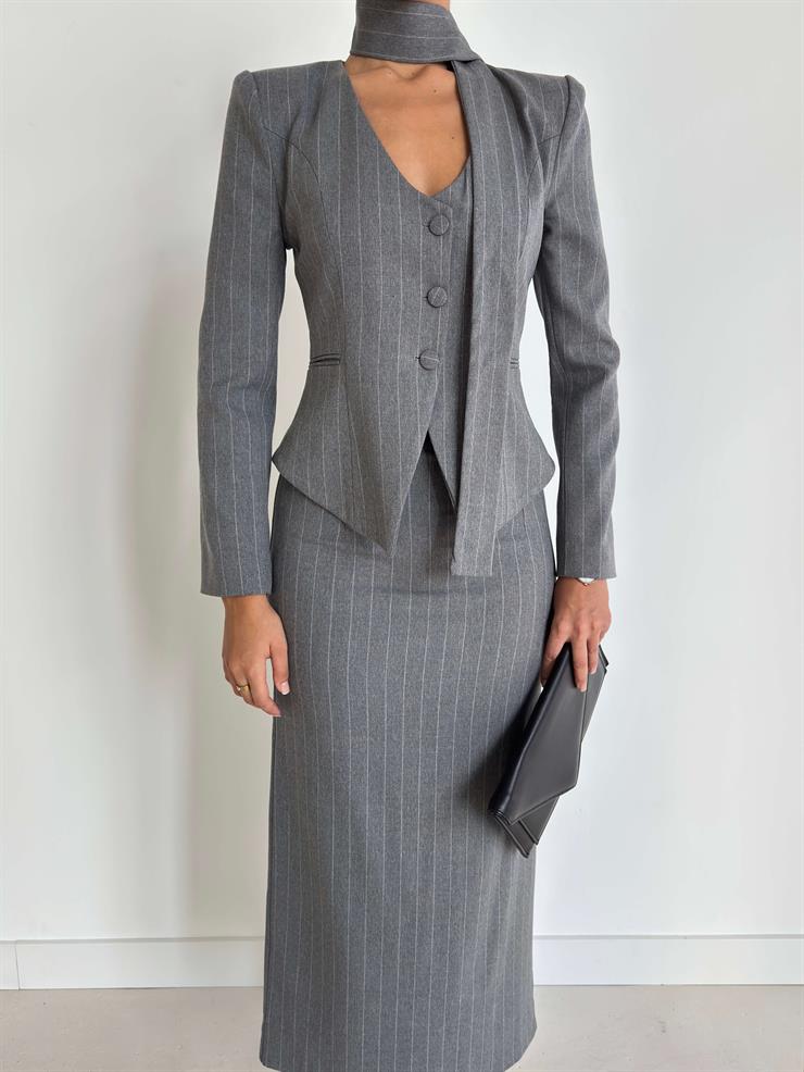 Düğmeli Vatka Detaylı Landi Gri Kadın Ceket 26K031