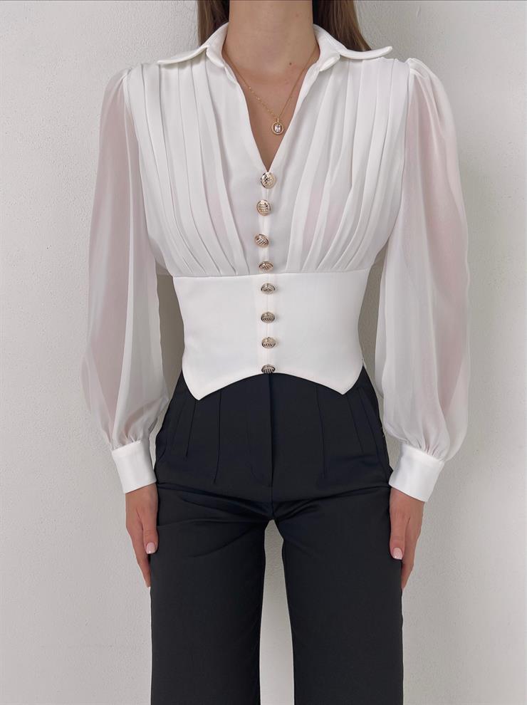 V Yaka Önü Düğme Detaylı Kolları Tül Laney Kadın Ekru Pileli Bluz 23Y000071