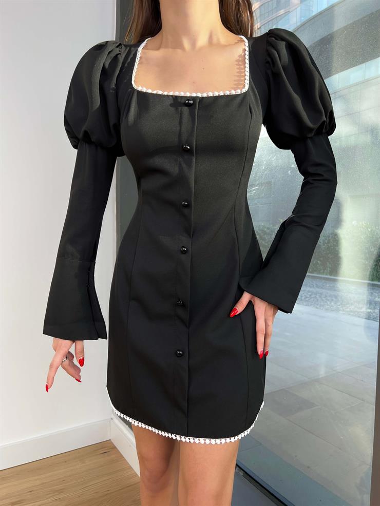 Kare Yaka Balon Kol Önü Düğme Detaylı Lanira Kadın Siyah Mini Elbise 24k404