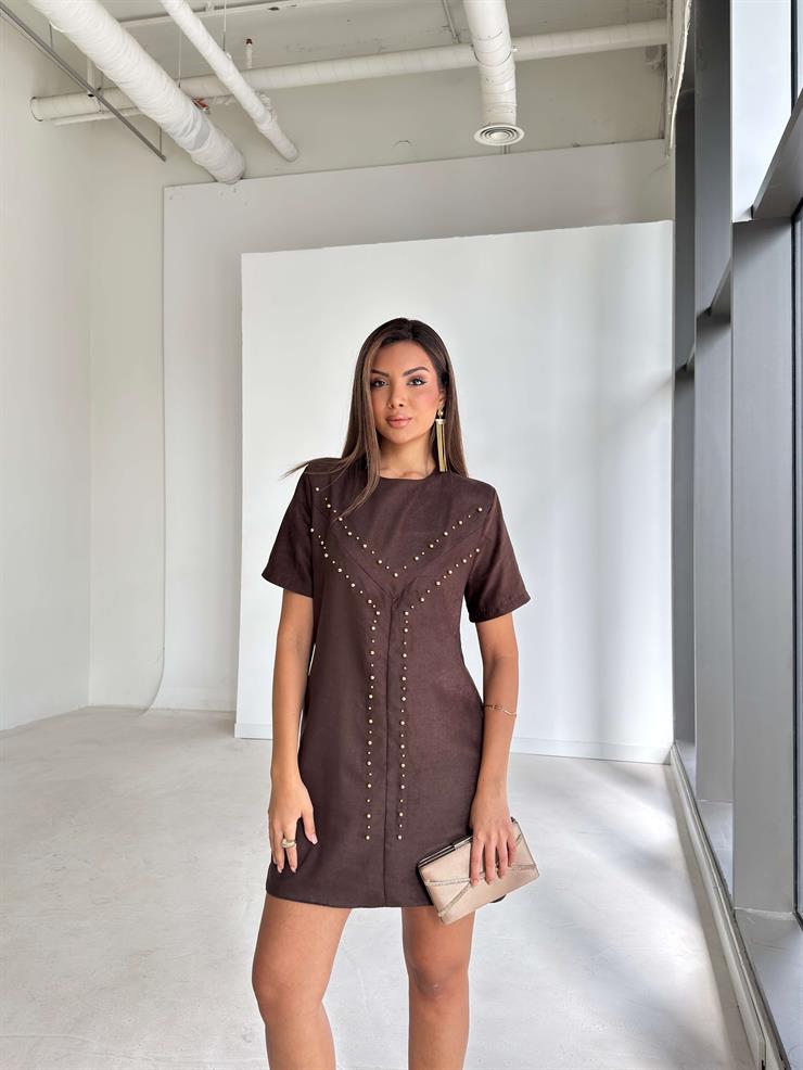 Önü Zımbalı Rahat Kalıp Lanmer Kahve Kadın Elbise 26K186