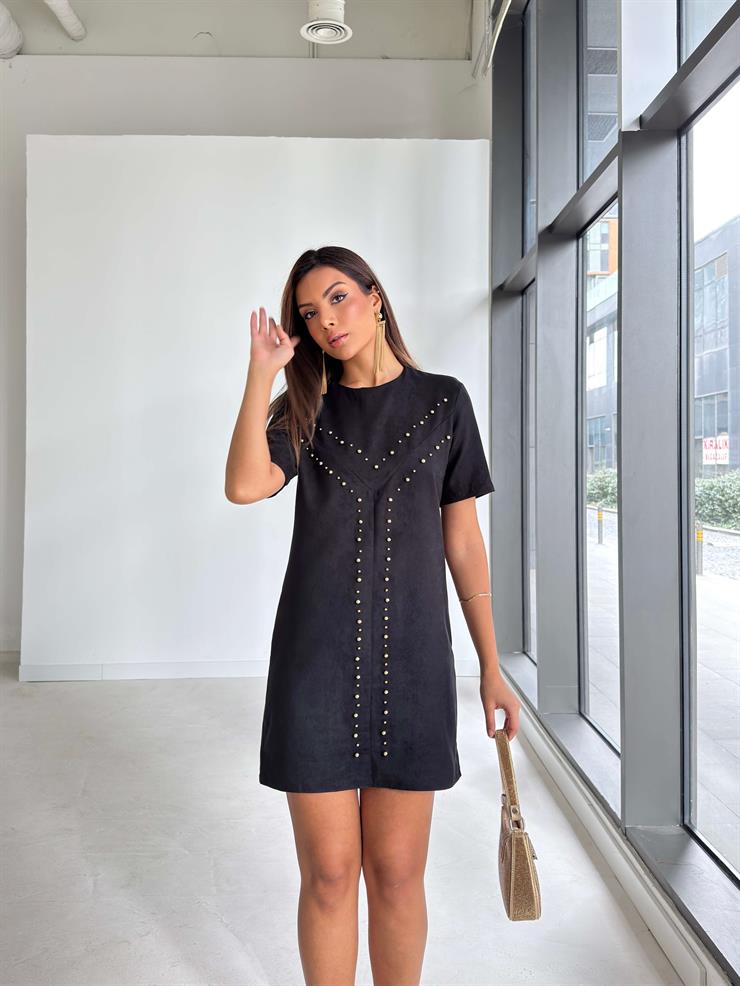 Önü Zımbalı Rahat Kalıp Lanmer Siyah Kadın Elbise 26K186