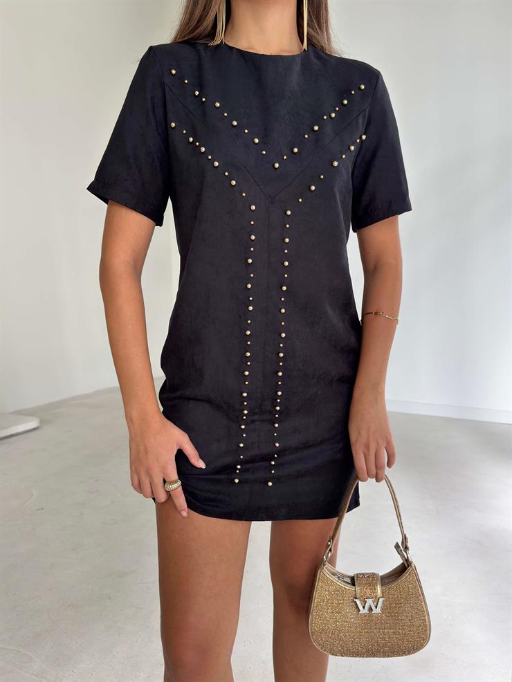 Önü Zımbalı Rahat Kalıp Lanmer Siyah Kadın Elbise 26K186