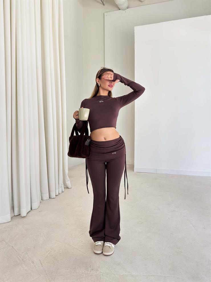 Yandan Ayarlanabilir İp Detaylı İspanyol Paça Basic Laran Kahve Kadın İkili Takım 26K124