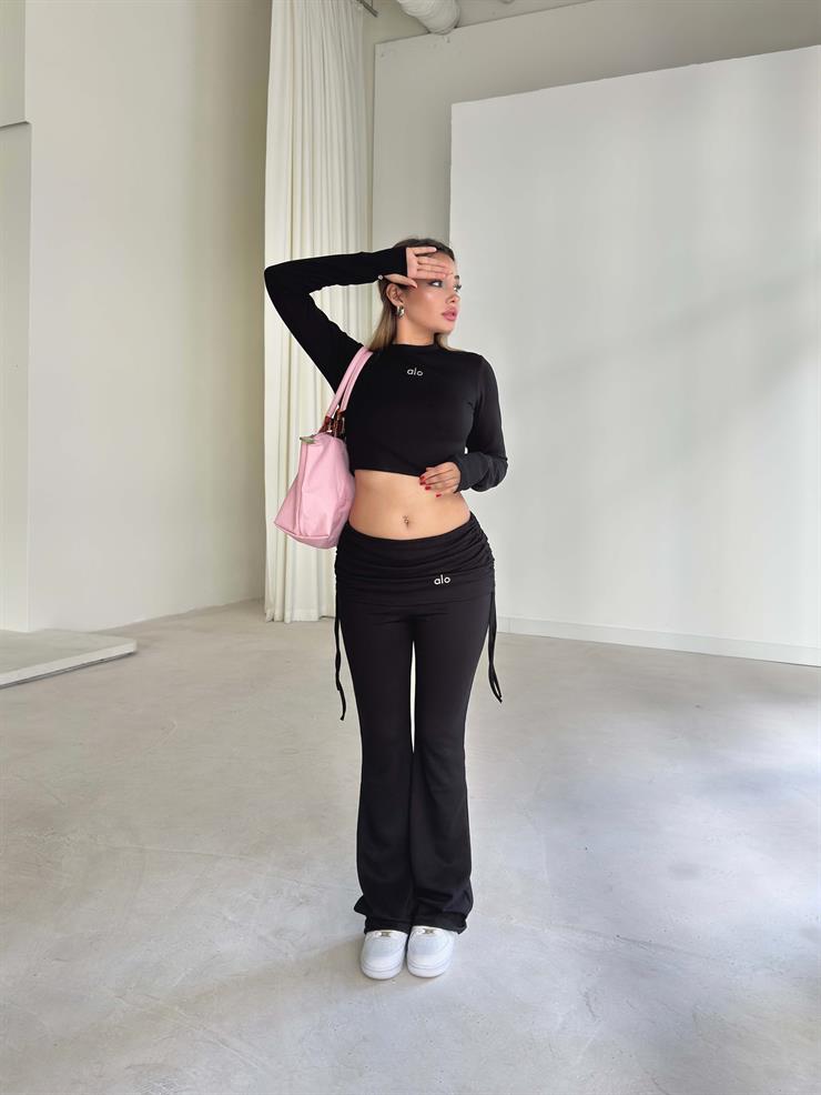 Yandan Ayarlanabilir İp Detaylı İspanyol Paça Basic Laran Siyah Kadın İkili Takım 26K124