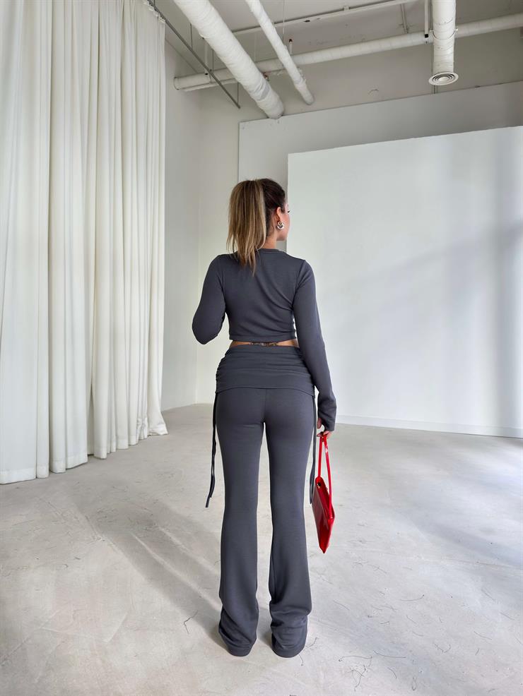 Yandan Ayarlanabilir İp Detaylı İspanyol Paça Basic Laran Antrasit Kadın İkili Takım 26K124