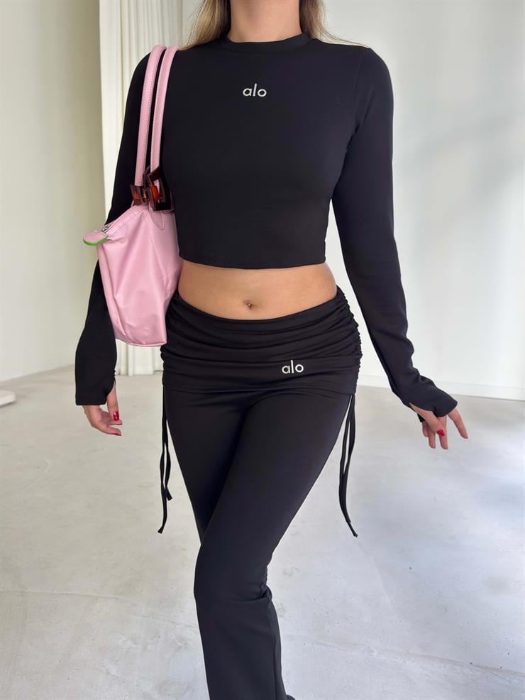 Yandan Ayarlanabilir İp Detaylı İspanyol Paça Basic Laran Siyah Kadın İkili Takım 26K124