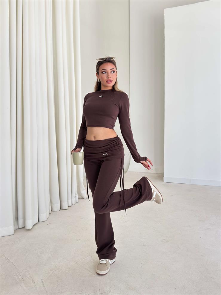 Yandan Ayarlanabilir İp Detaylı İspanyol Paça Basic Laran Kahve Kadın İkili Takım 26K124