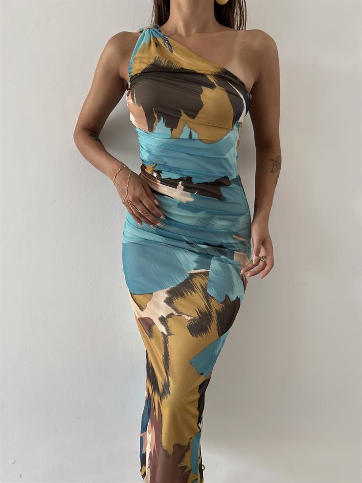 Tek Omuz Drape Detaylı Larani Kadın Renkli Elbise 23Y000613