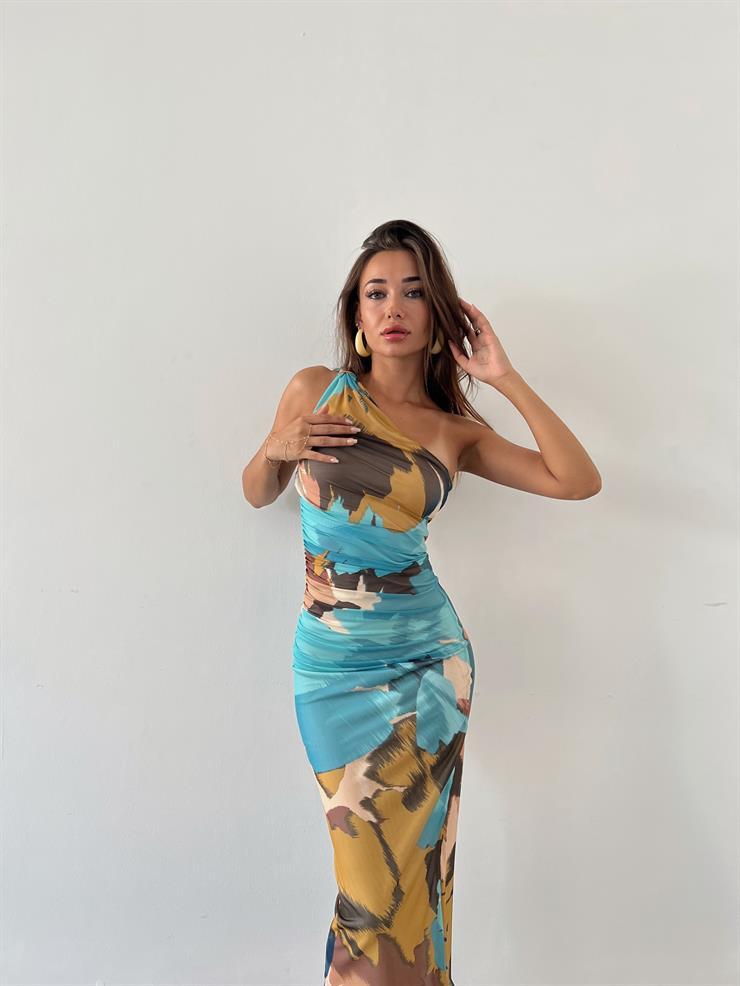 Tek Omuz Drape Detaylı Larani Kadın Renkli Elbise 23Y000613