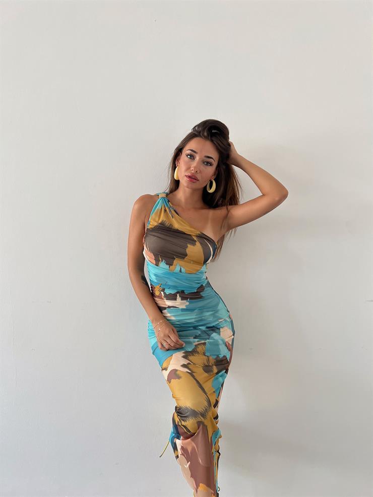 Tek Omuz Drape Detaylı Larani Kadın Renkli Elbise 23Y000613