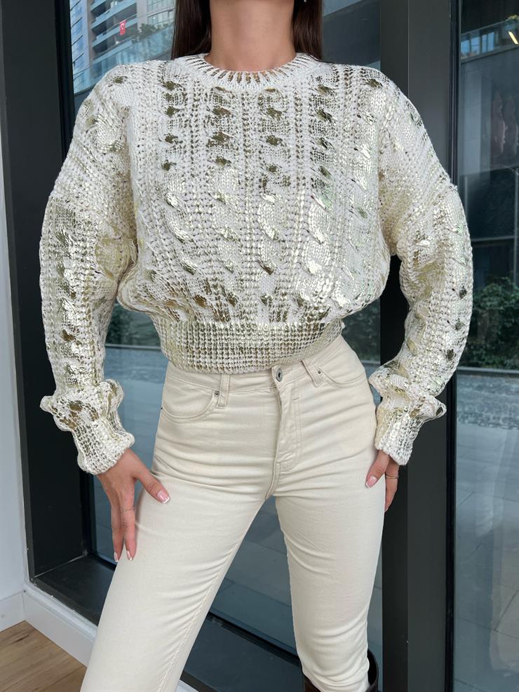 Bisiklet Yaka Parlak Desenli Larania Kadın Taş Kazak 24k000186