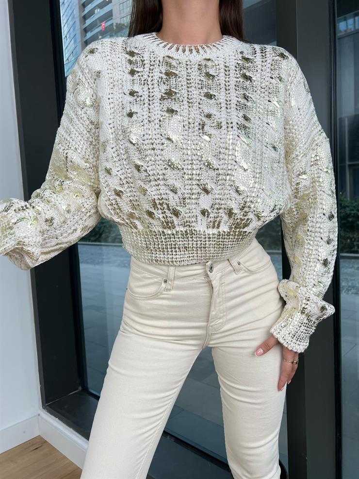 Bisiklet Yaka Parlak Desenli Larania Kadın Taş Kazak 24k000186