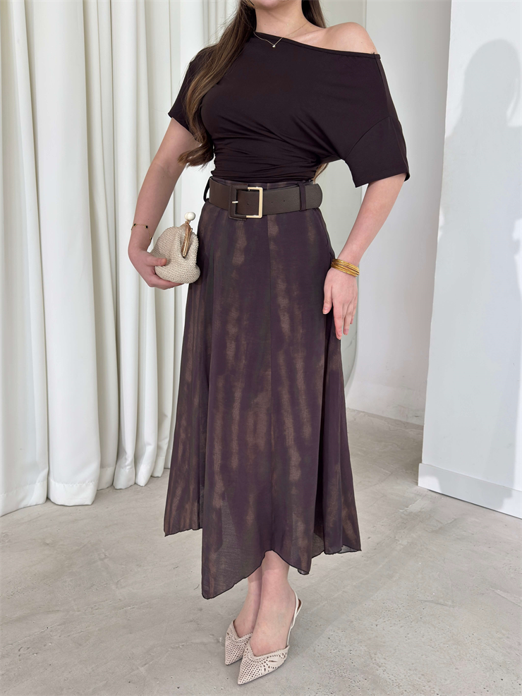 Kemerli Asimetrik Detay Kahve Larek Kadın Etek 26Y104